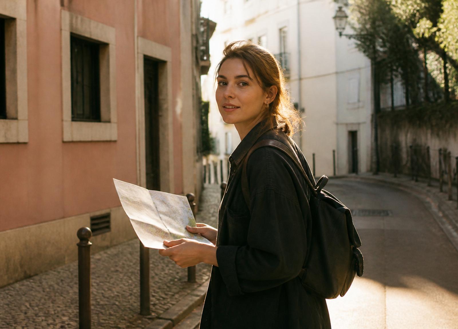 An independent traveller on a European street at soft golden dusk.
