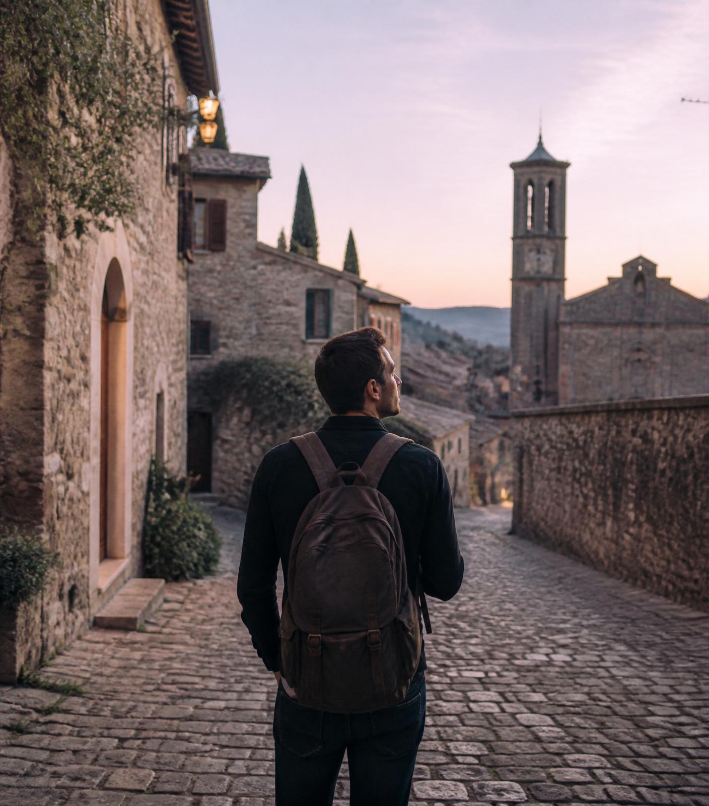 A traveller pausing on a cobblestone street at dawn.